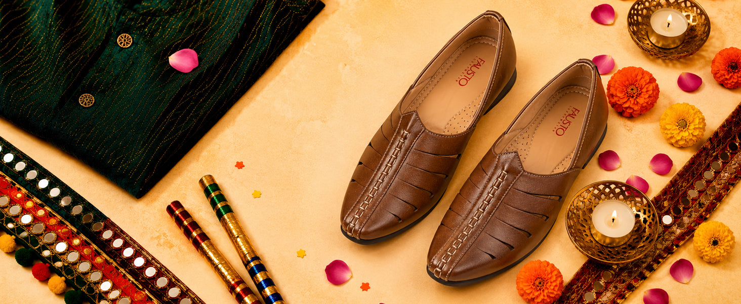 Men Tan Ethnic Wedding Party Laser Cut Design Slip On Juttis and Mojaris