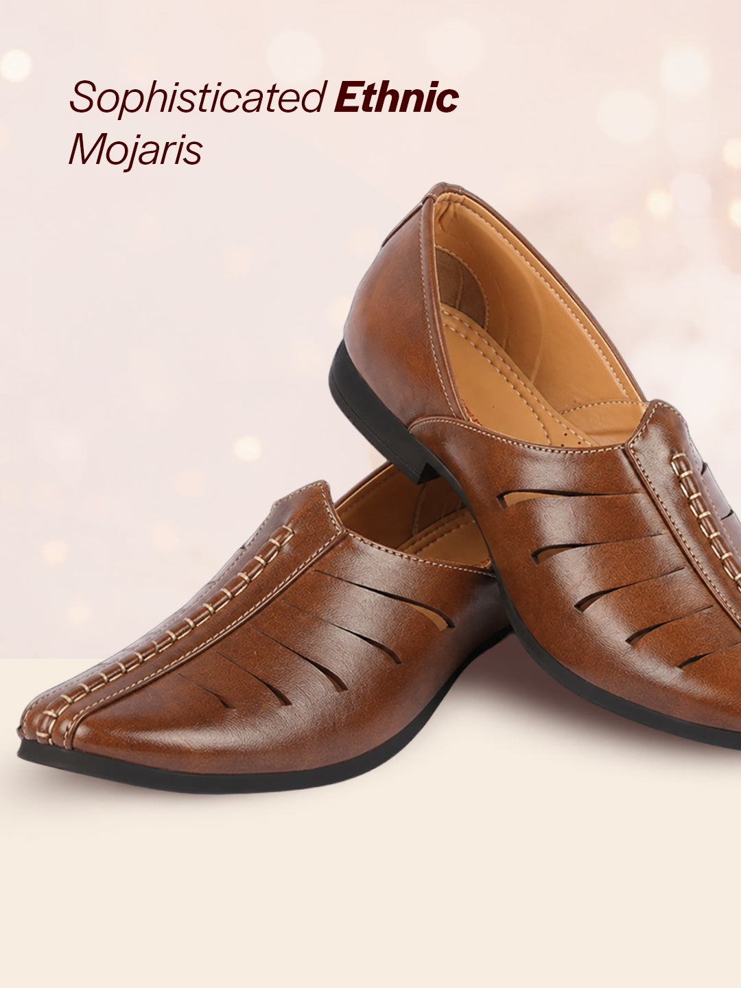 men brown ethnic wedding party laser cut design slip on juttis and mojaris