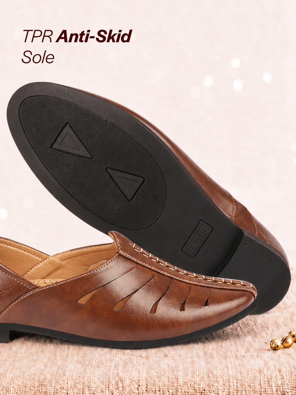 men brown ethnic wedding party laser cut design slip on juttis and mojaris