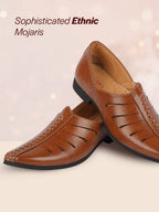 shop men tan ethnic wedding party laser cut design slip on juttis and mojaris online.