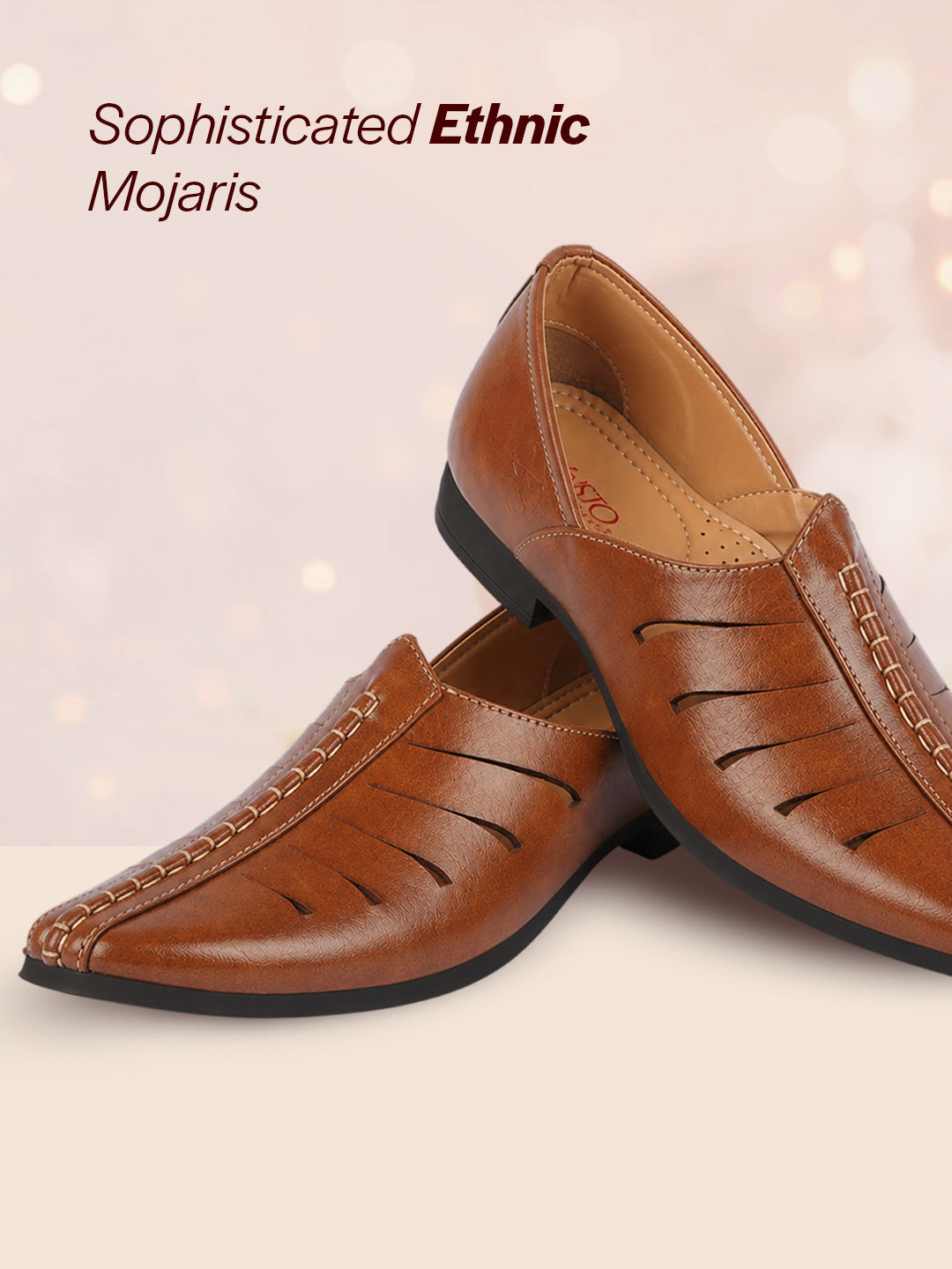 shop men tan ethnic wedding party laser cut design slip on juttis and mojaris online.