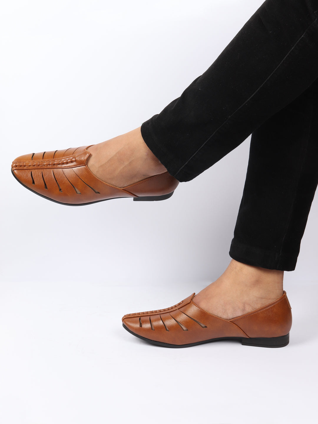 Shop Men Tan Ethnic Wedding Party Laser Cut Design Slip On Juttis and Mojaris Online.