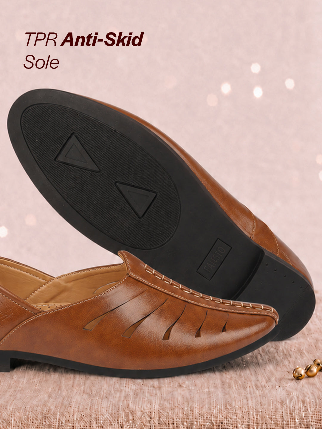 shop men tan ethnic wedding party laser cut design slip on juttis and mojaris online.