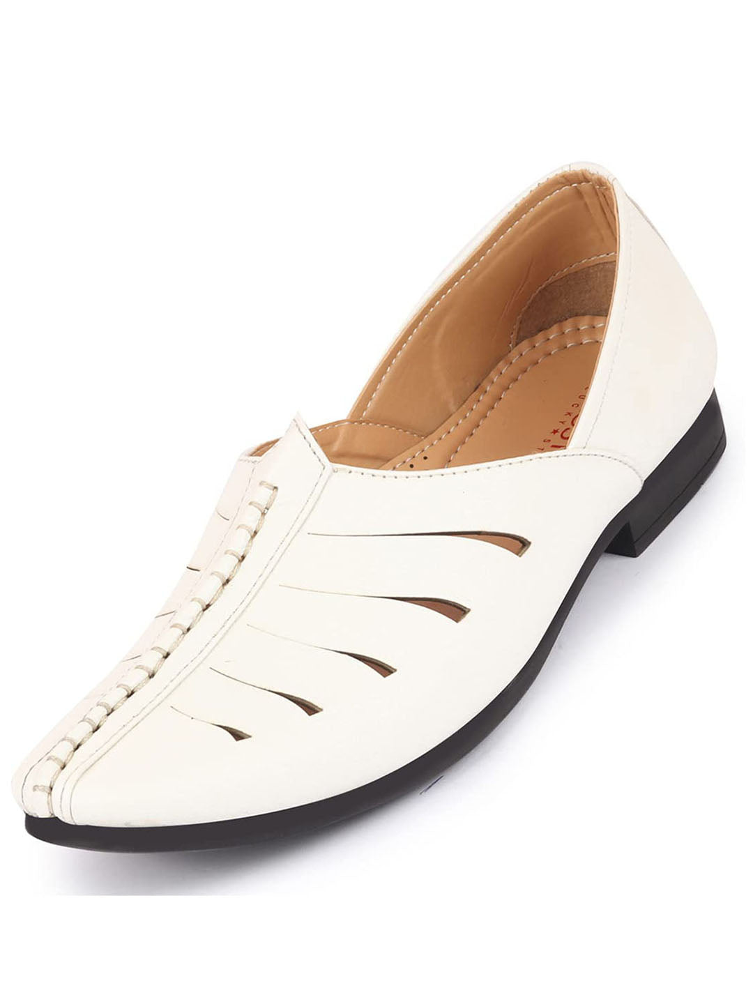 Shop Men White Ethnic Wedding Party Laser Cut Design Slip On Juttis and Mojaris Online.