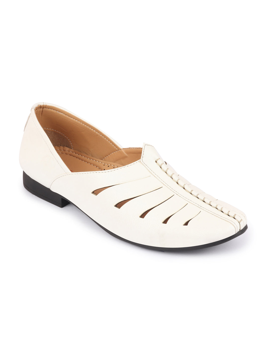 Shop Men White Ethnic Wedding Party Laser Cut Design Slip On Juttis and Mojaris Online.