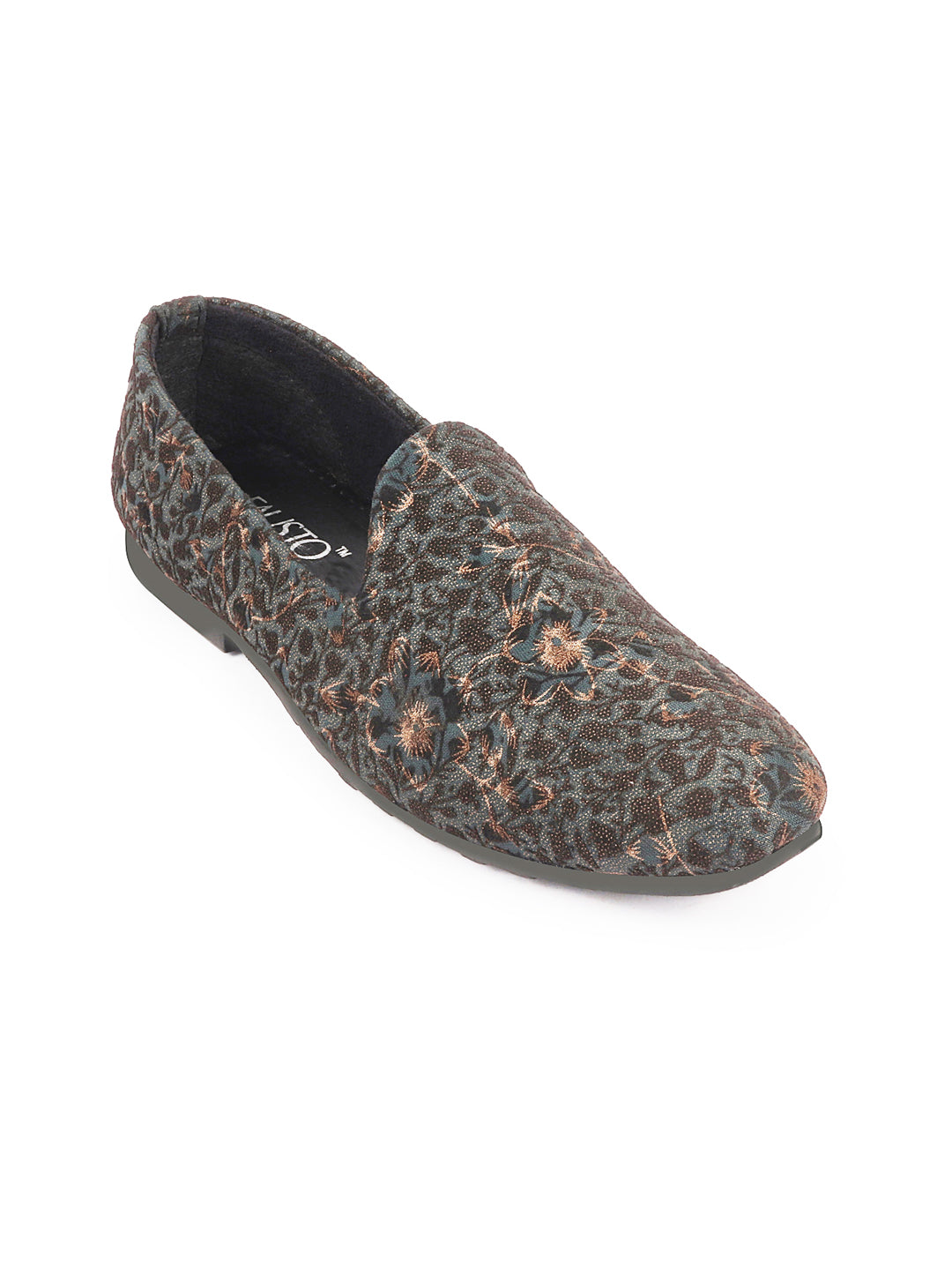 Shop Men Brown Floral Print Embellish Design Ethnic Wedding Party Pom Slip on Shoes Online.