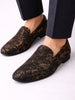 Men Black Velvet Printed Design Ethnic Wedding Party Prom Slip On Loafer Shoes