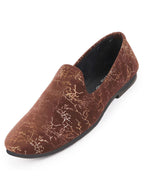 Men Brown Velvet Printed Design Ethnic Wedding Party Prom Slip On Loafer Shoes