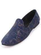 Shop Men Navy Blue Velvet Printed Design Ethnic Wedding Party Prom Slip On Loafer Shoes Online.