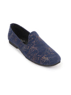 Shop Men Navy Blue Velvet Printed Design Ethnic Wedding Party Prom Slip On Loafer Shoes Online.