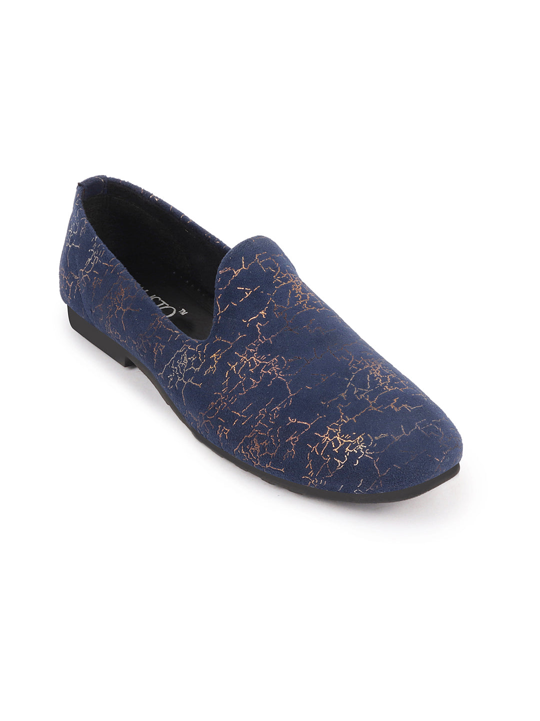 Shop Men Navy Blue Velvet Printed Design Ethnic Wedding Party Prom Slip On Loafer Shoes Online.