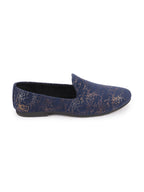 Shop Men Navy Blue Velvet Printed Design Ethnic Wedding Party Prom Slip On Loafer Shoes Online.