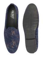 Shop Men Navy Blue Velvet Printed Design Ethnic Wedding Party Prom Slip On Loafer Shoes Online.