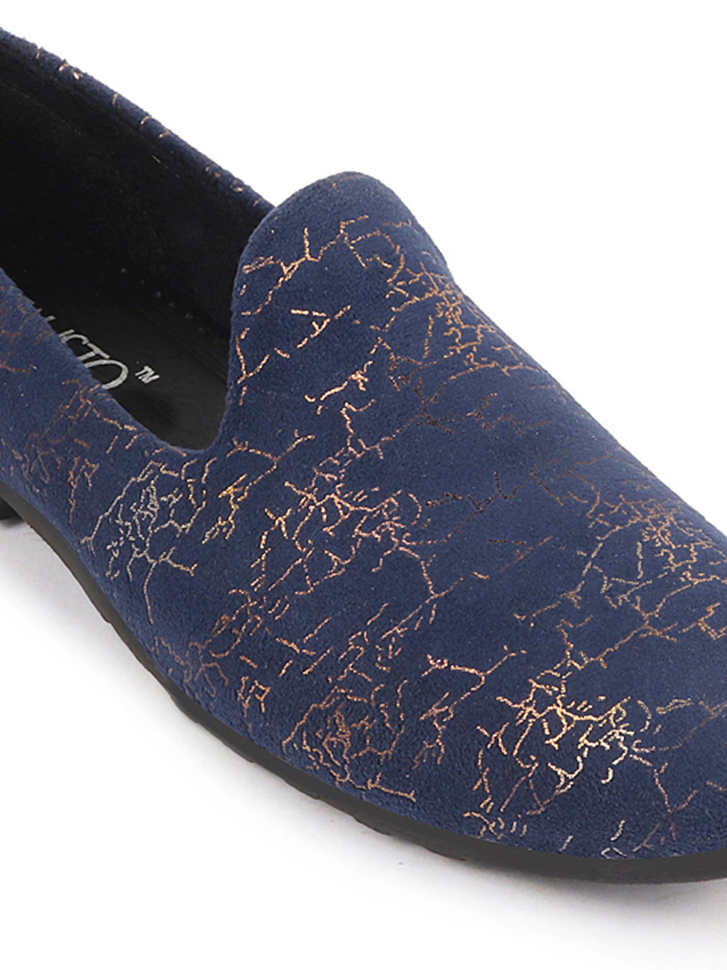 Shop Men Navy Blue Velvet Printed Design Ethnic Wedding Party Prom Slip On Loafer Shoes Online.