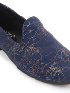 Shop Men Navy Blue Velvet Printed Design Ethnic Wedding Party Prom Slip On Loafer Shoes Online.