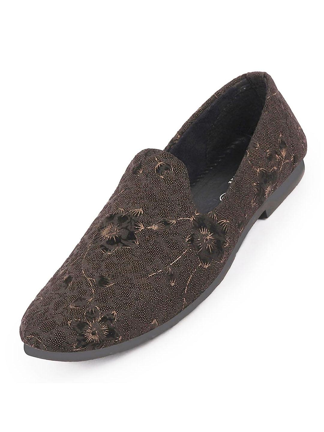 Men Black Floral Print Embellish Design Ethnic Wedding Party Pom Slip on Shoes