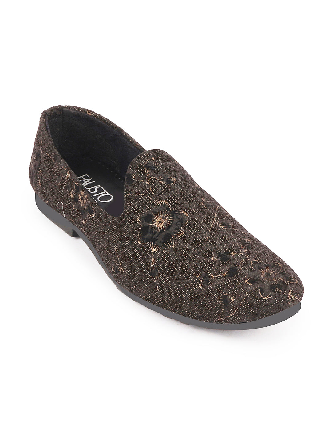 Shop Men Black Floral Print Embellish Design Ethnic Wedding Party Pom Slip on Shoes Online.