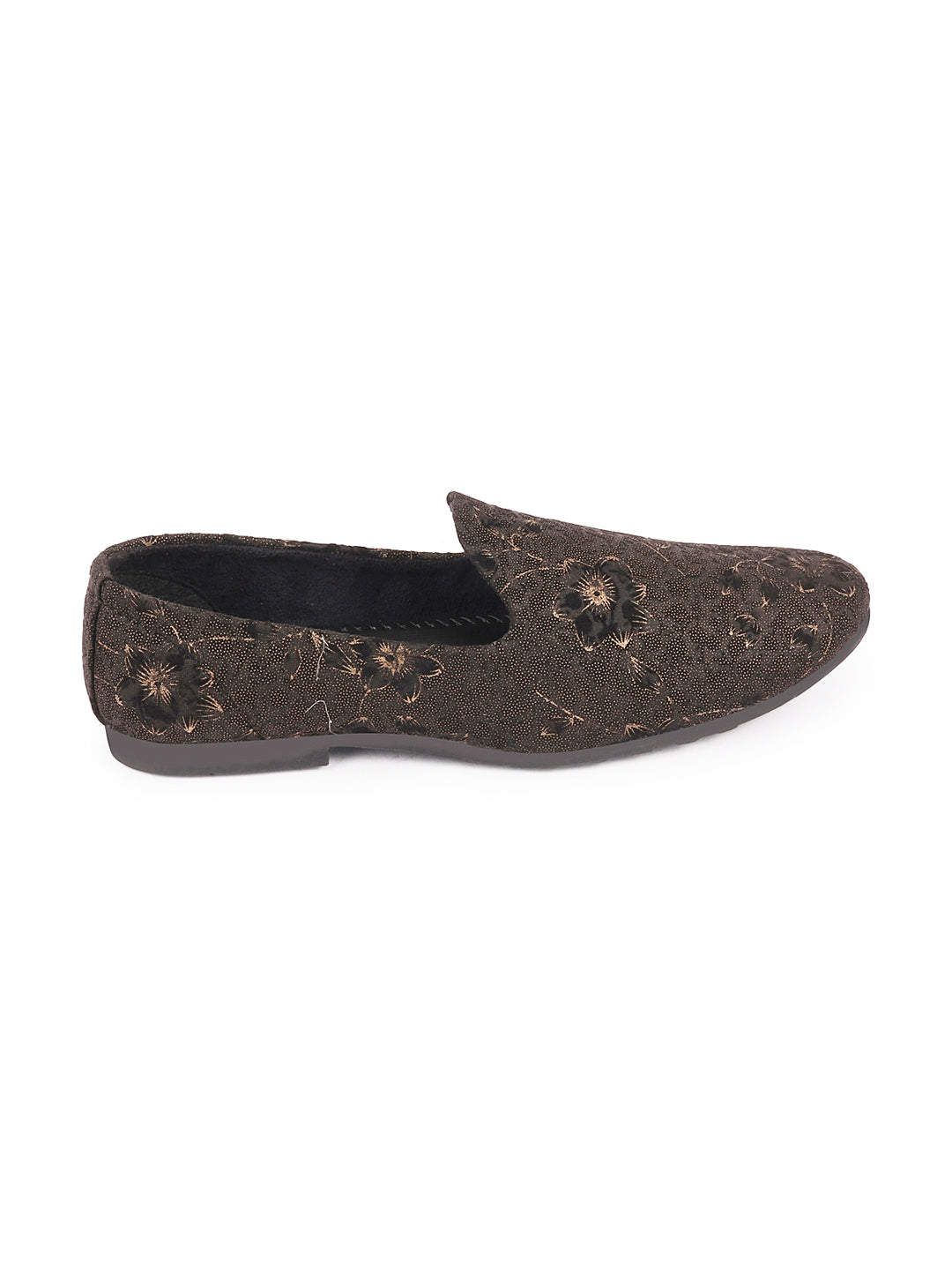 Shop Men Black Floral Print Embellish Design Ethnic Wedding Party Pom Slip on Shoes Online.