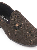 Shop Men Black Floral Print Embellish Design Ethnic Wedding Party Pom Slip on Shoes Online.
