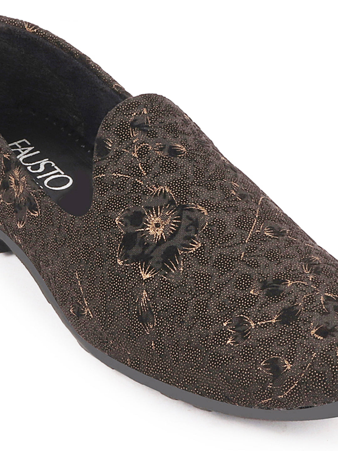 Shop Men Black Floral Print Embellish Design Ethnic Wedding Party Pom Slip on Shoes Online.