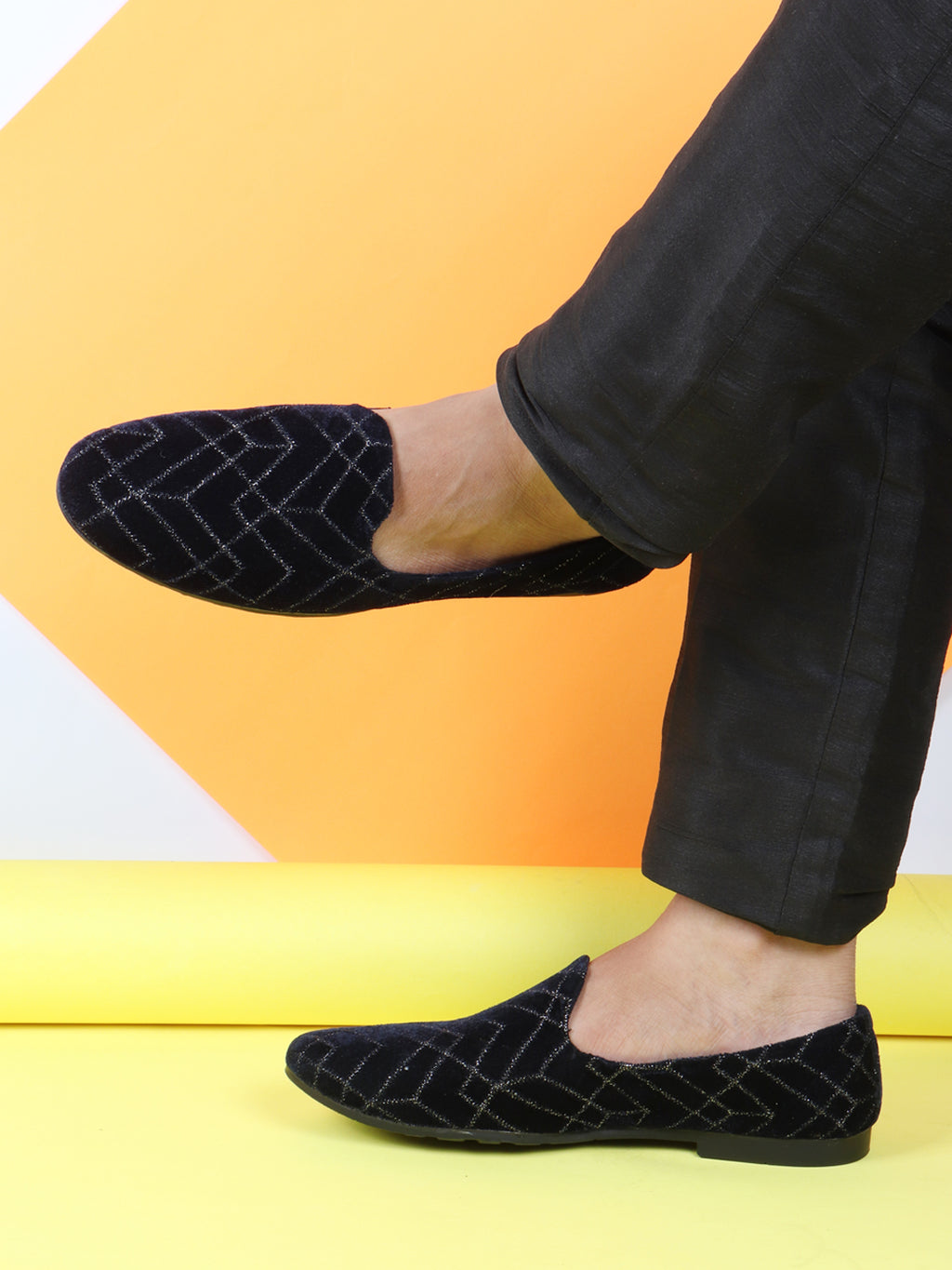 Shop Men Blue Embellish Design Ethnic Wedding Party Pom Slip on Shoes Online.