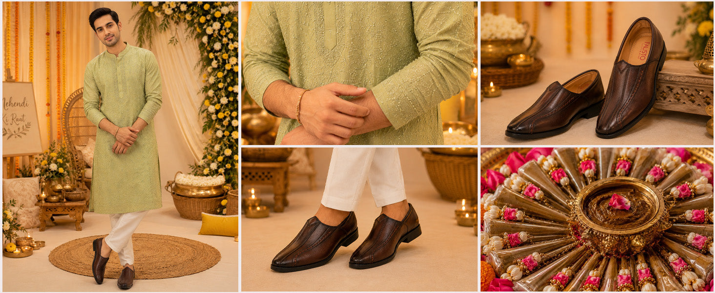 Men Brown Broad Feet Traditional Wedding Slip On Ethnic Juttis and Mojaris|Party Slip On Evening Shoes|Striped Textured Mojaris