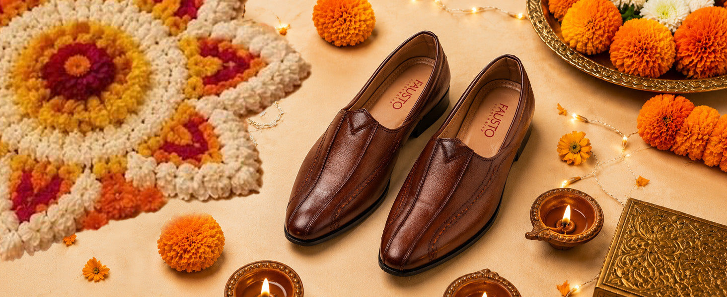 Men Brown Broad Feet Traditional Wedding Slip On Ethnic Juttis and Mojaris|Party Slip On Evening Shoes|Striped Textured Mojaris