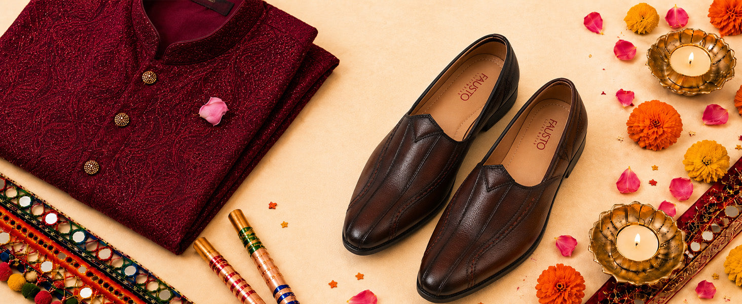 Men Brown Broad Feet Traditional Wedding Slip On Ethnic Juttis and Mojaris|Party Slip On Evening Shoes|Striped Textured Mojaris