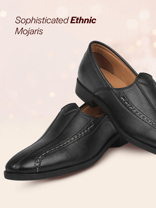 shop men black broad feet traditional wedding slip on ethnic juttis and mojaris|party slip on evening shoes|striped textured mojaris online.