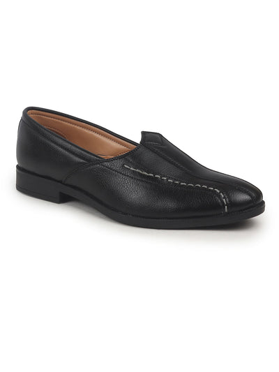 Shop Men Black Broad Feet Traditional Wedding Slip On Ethnic Juttis and Mojaris|Party Slip On Evening Shoes|Striped Textured Mojaris Online.