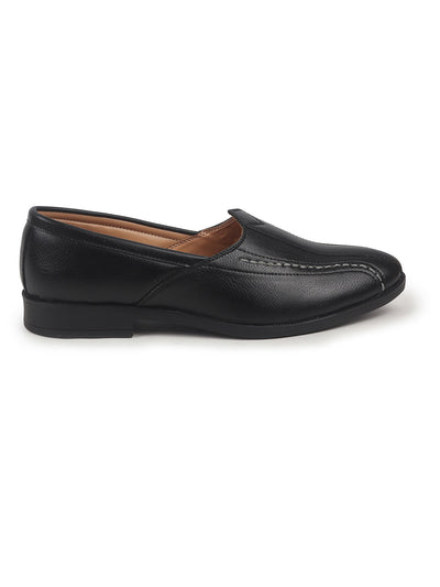 Shop Men Black Broad Feet Traditional Wedding Slip On Ethnic Juttis and Mojaris|Party Slip On Evening Shoes|Striped Textured Mojaris Online.