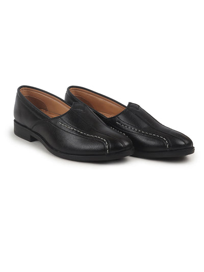 Shop Men Black Broad Feet Traditional Wedding Slip On Ethnic Juttis and Mojaris|Party Slip On Evening Shoes|Striped Textured Mojaris Online.