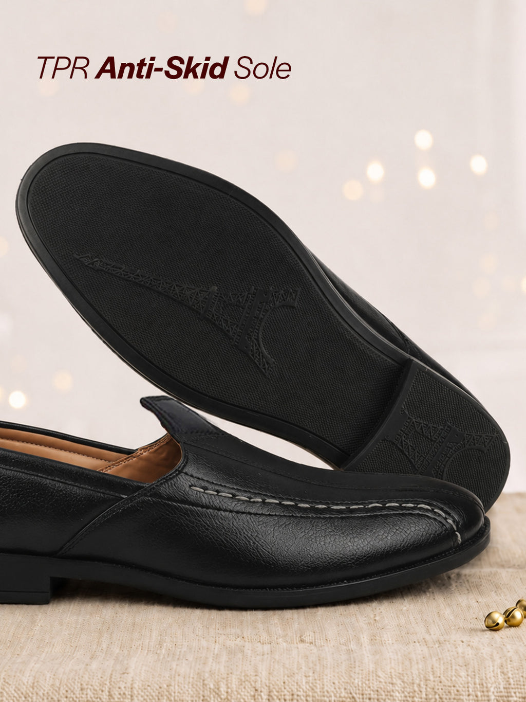 shop men black broad feet traditional wedding slip on ethnic juttis and mojaris|party slip on evening shoes|striped textured mojaris online.