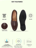 men brown broad feet traditional wedding slip on ethnic juttis and mojaris|party slip on evening shoes|striped textured mojaris