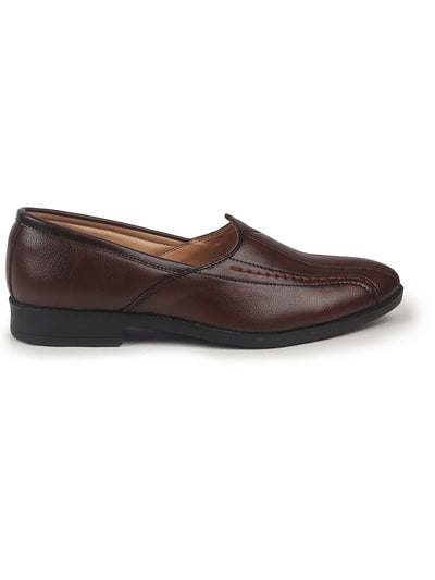 Shop Men Brown Broad Feet Traditional Wedding Slip On Ethnic Juttis and Mojaris|Party Slip On Evening Shoes|Striped Textured Mojaris Online.