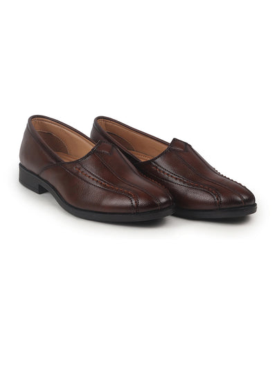 Shop Men Brown Broad Feet Traditional Wedding Slip On Ethnic Juttis and Mojaris|Party Slip On Evening Shoes|Striped Textured Mojaris Online.