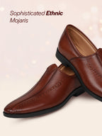 shop men tan broad feet traditional wedding slip on ethnic juttis and mojaris|party slip on evening shoes|striped textured mojaris online.