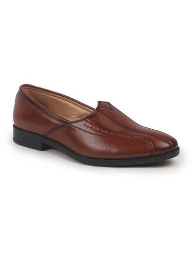 Shop Men Tan Broad Feet Traditional Wedding Slip On Ethnic Juttis and Mojaris|Party Slip On Evening Shoes|Striped Textured Mojaris Online.