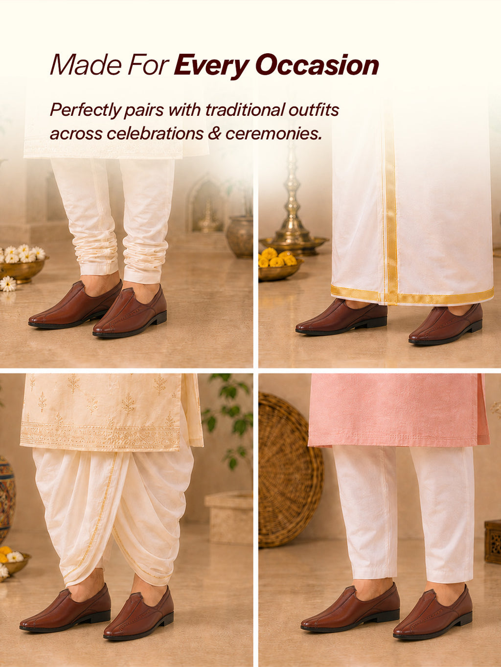 shop men tan broad feet traditional wedding slip on ethnic juttis and mojaris|party slip on evening shoes|striped textured mojaris online.