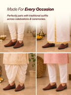 shop men tan broad feet traditional wedding slip on ethnic juttis and mojaris|party slip on evening shoes|striped textured mojaris online.