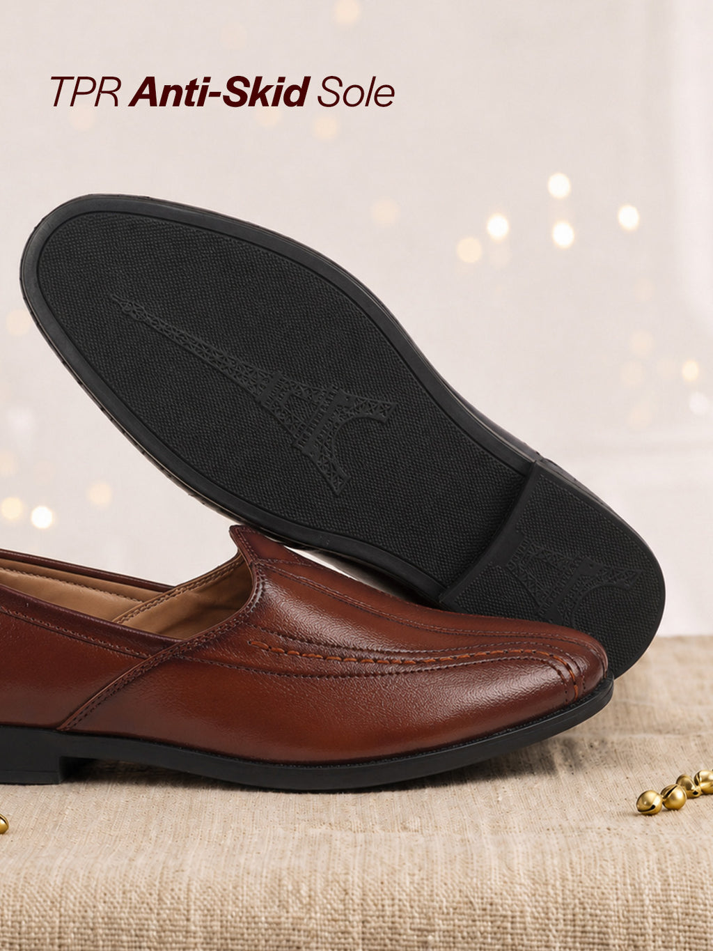 shop men tan broad feet traditional wedding slip on ethnic juttis and mojaris|party slip on evening shoes|striped textured mojaris online.