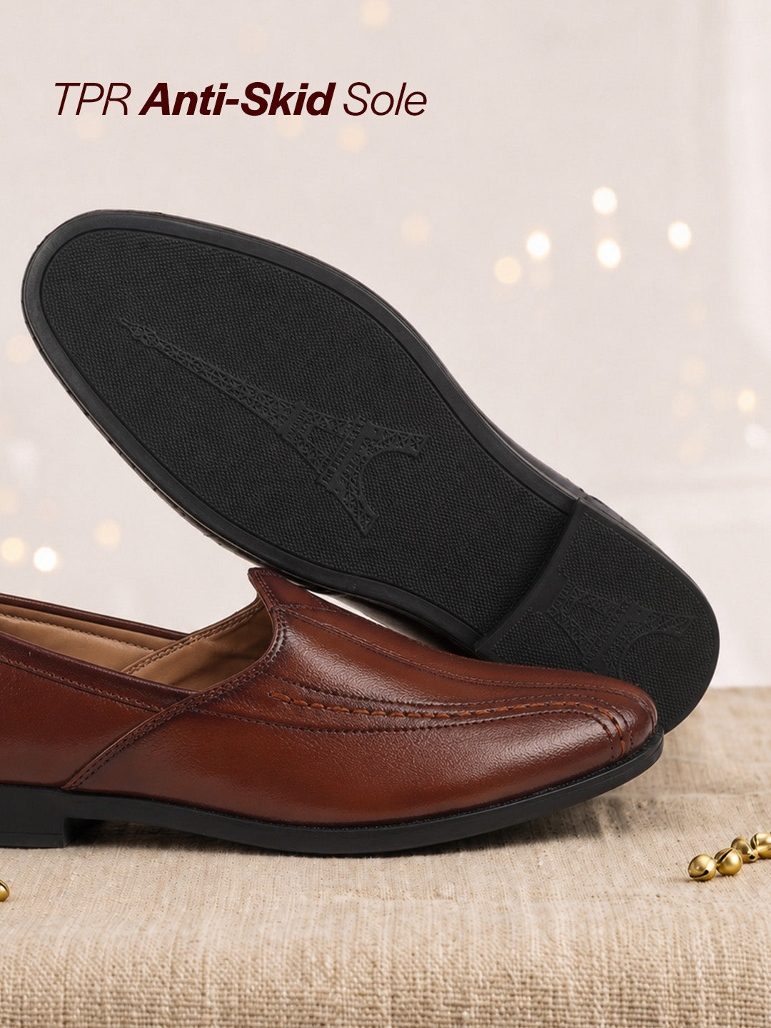 shop men tan broad feet traditional wedding slip on ethnic juttis and mojaris|party slip on evening shoes|striped textured mojaris online.