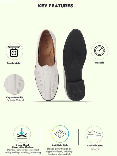 Men White Broad Feet Traditional Wedding Slip On Ethnic Juttis and Mojaris|Party Slip On Evening Shoes|Striped Textured Mojaris