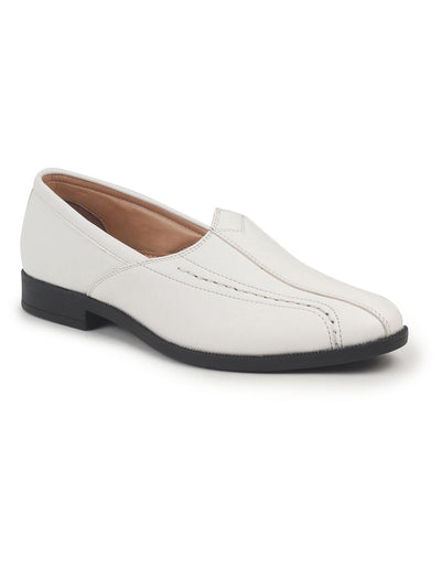 Shop Men White Broad Feet Traditional Wedding Slip On Ethnic Juttis and Mojaris|Party Slip On Evening Shoes|Striped Textured Mojaris Online.