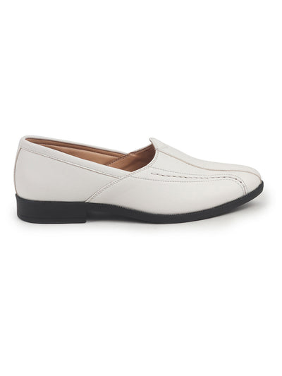 Shop Men White Broad Feet Traditional Wedding Slip On Ethnic Juttis and Mojaris|Party Slip On Evening Shoes|Striped Textured Mojaris Online.