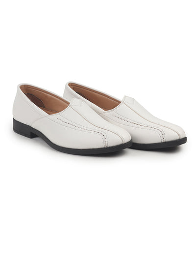 Shop Men White Broad Feet Traditional Wedding Slip On Ethnic Juttis and Mojaris|Party Slip On Evening Shoes|Striped Textured Mojaris Online.