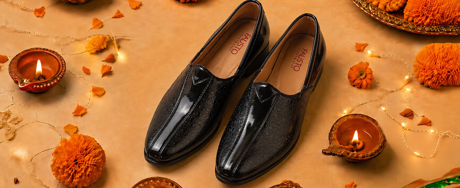 Men Brown Party Ethnic Patent Textured Print Slip On Juttis and Mojaris|Wedding Slip On Shoes|Evening Comfort Insole Mojaris
