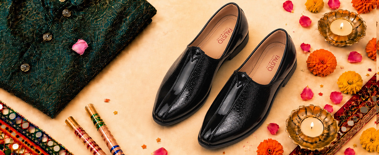 Men Brown Party Ethnic Patent Textured Print Slip On Juttis and Mojaris|Wedding Slip On Shoes|Evening Comfort Insole Mojaris