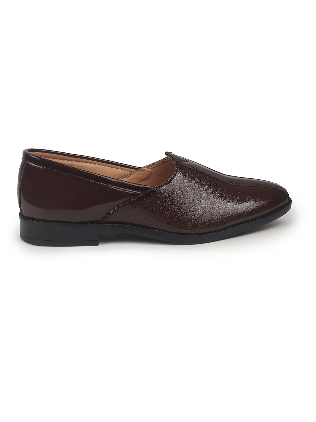Shop Men Tan Party Ethnic Patent Textured Print Slip On Juttis and Mojaris