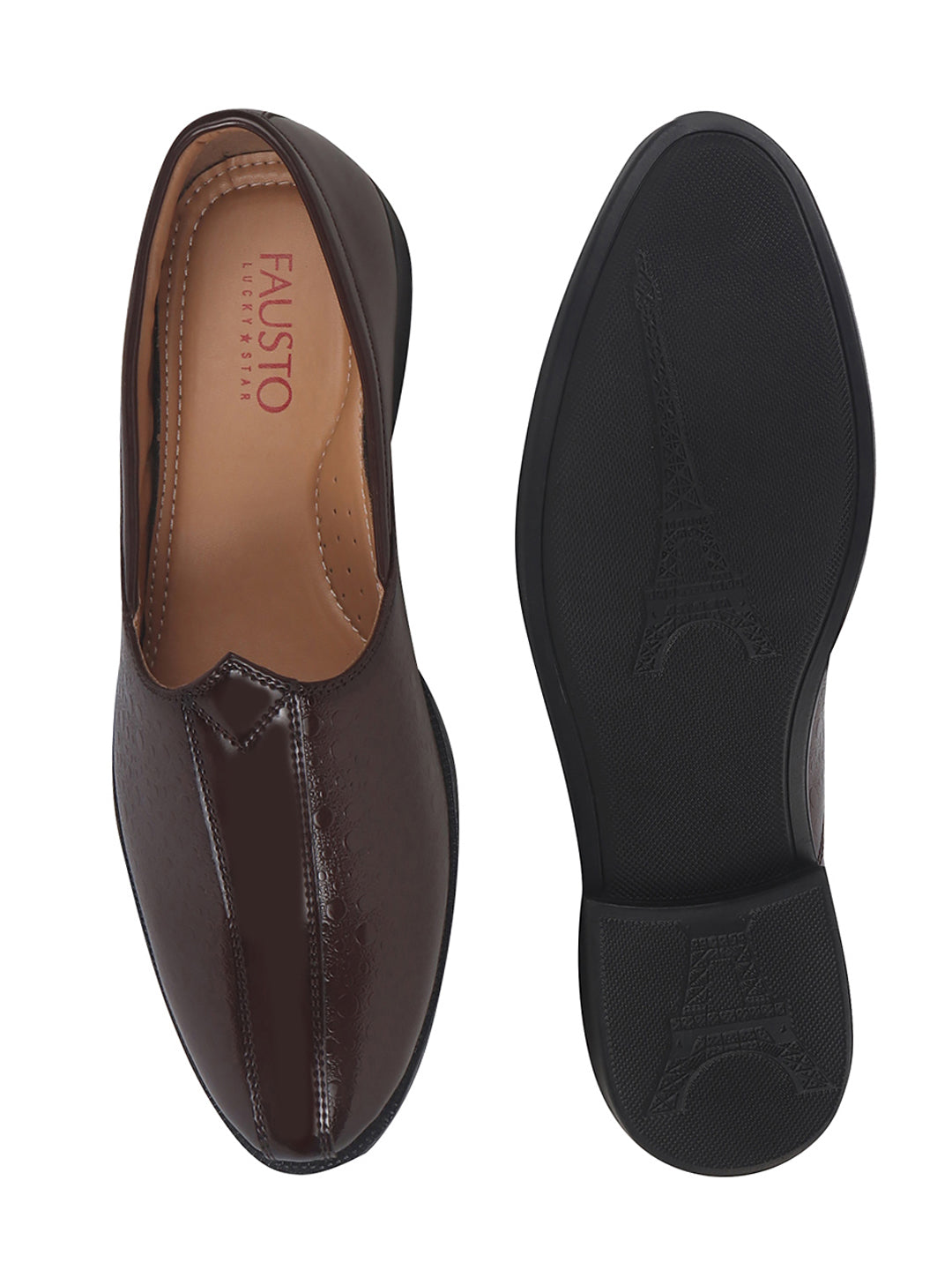 Shop Men Tan Party Ethnic Patent Textured Print Slip On Juttis and Mojaris